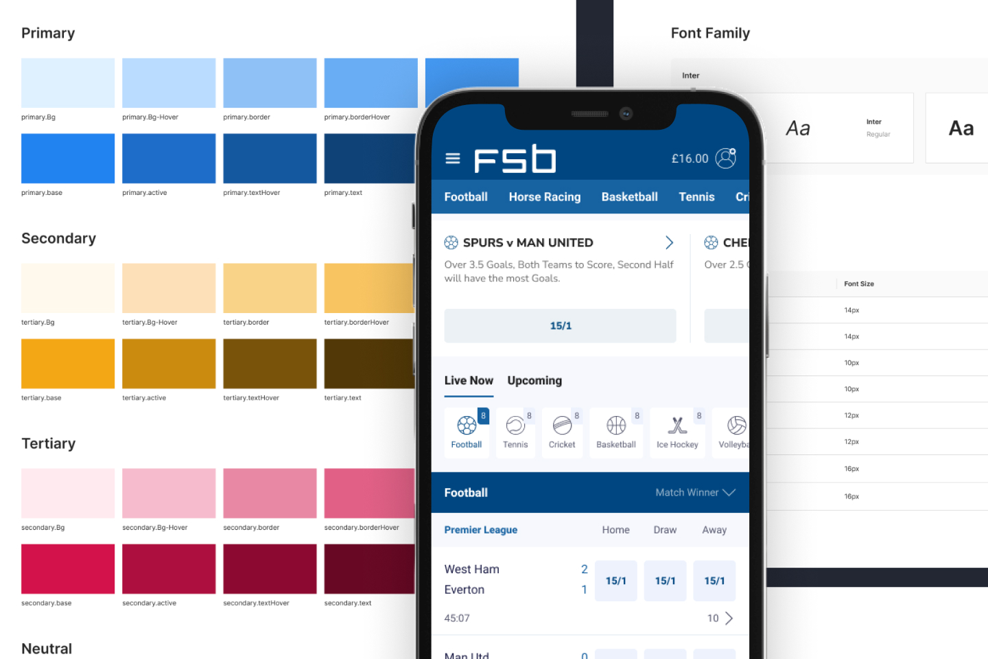 FSB design system: primary, secondary and tertiary colour tokens and the Inter type scale, beside a mobile sportsbook screen with live football odds