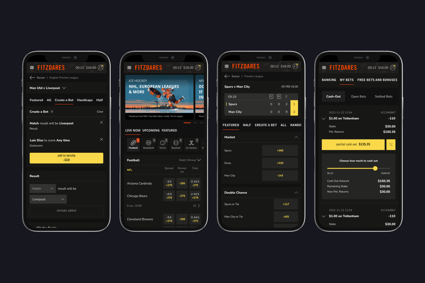 Four Fitzdares mobile sportsbook screens: Create a Bet, NFL spreads and moneylines, Spurs v Man City markets, and partial cash-out in My Bets