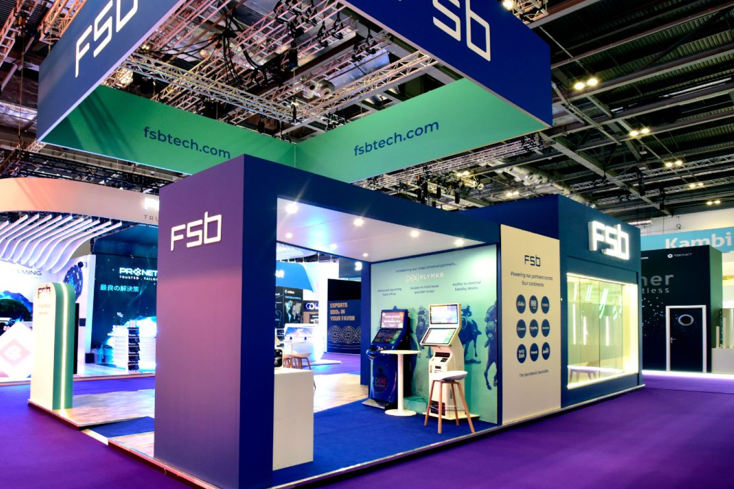 FSB exhibition stand at ICE with self-service betting terminals and a demo area