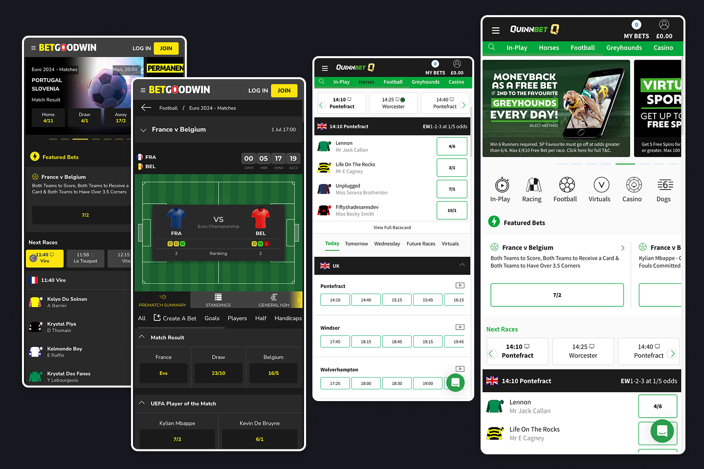 One design system themed for two brands: BetGoodwin dark-theme and QuinnBet light-theme sportsbook screens with football and horse racing markets