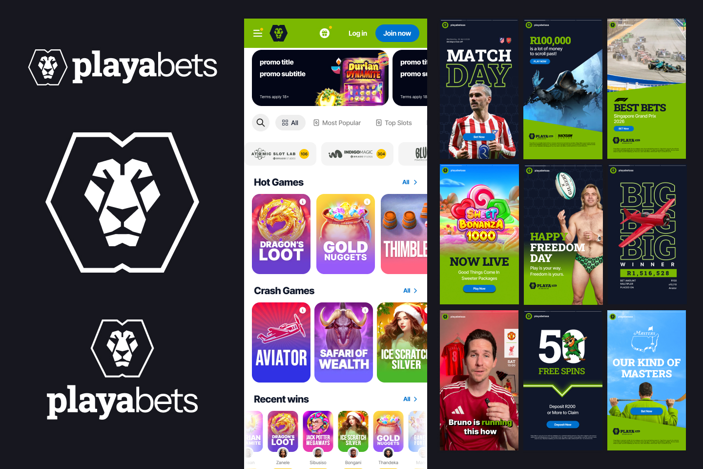 Playabets rebrand: lion logo marks, a mobile casino lobby with slots and crash games, and promotional banner designs