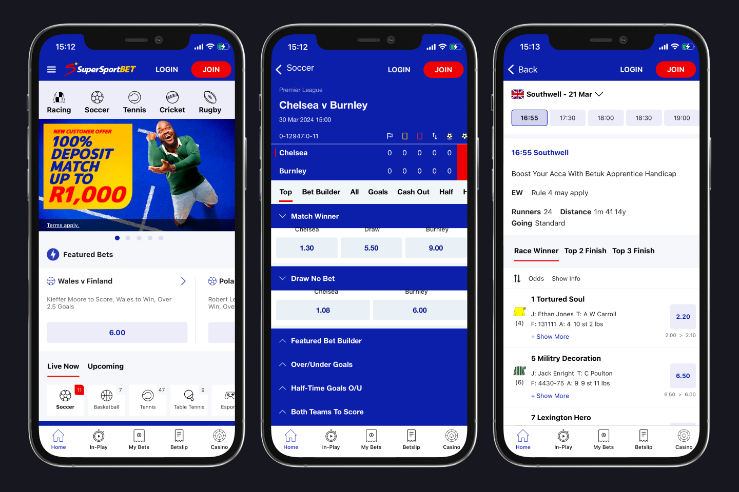 Three SuperSportBet mobile screens: sportsbook homepage with featured bets, Chelsea v Burnley markets and a horse racing race card