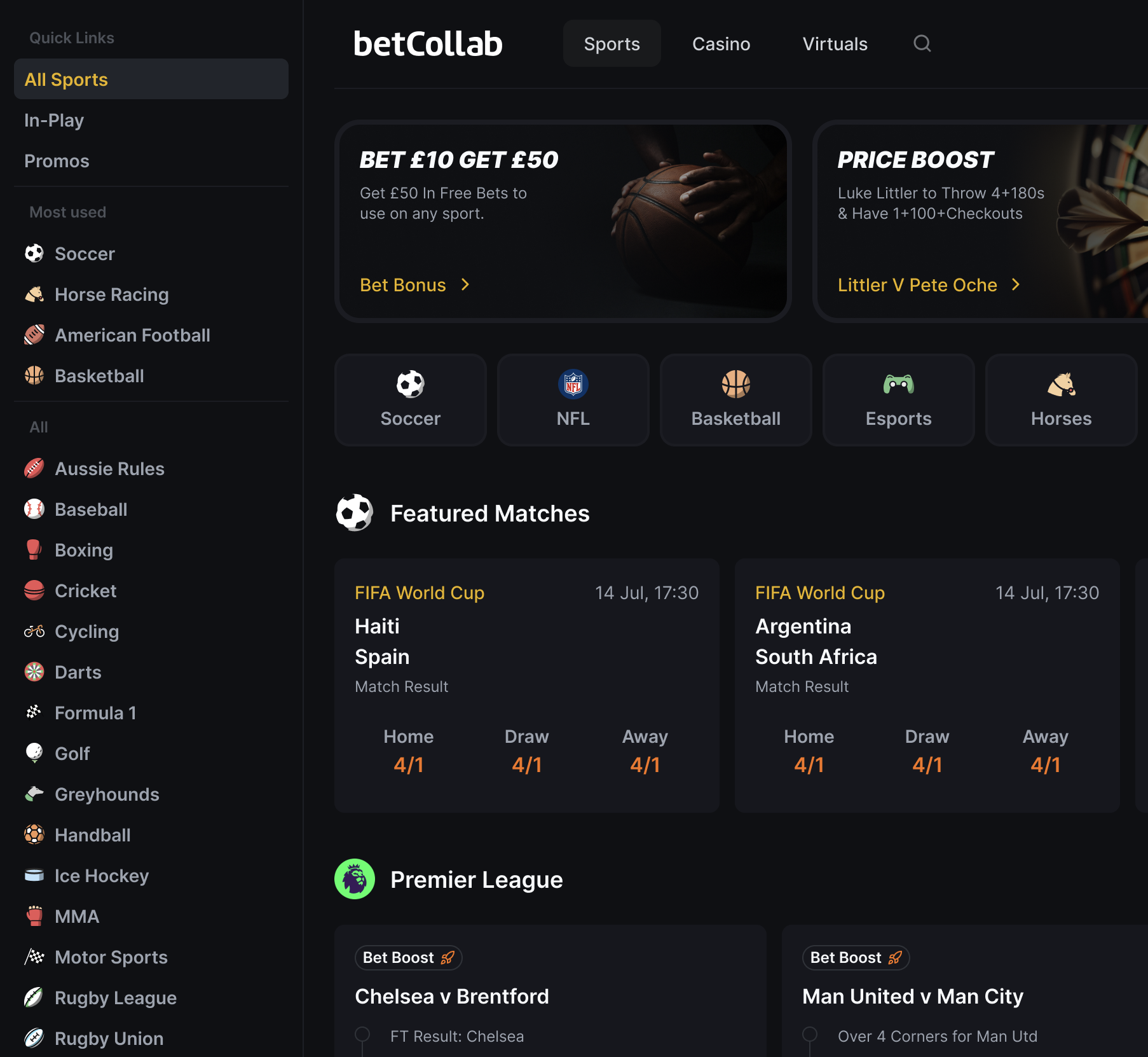 Sportsbook homepage with featured matches and navigation